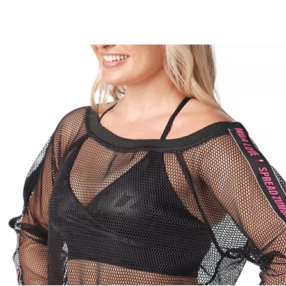 ZUMBA Fitness One Shoulder off shoulder mesh top with bright pink piping XL NWT - Picture 5 of 7